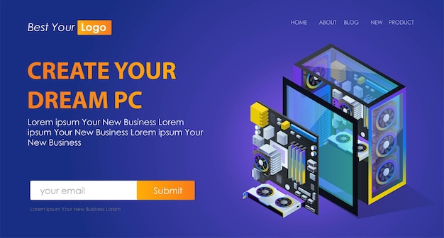 Vector the concept of flat isometric illustrations pc components and motherboards