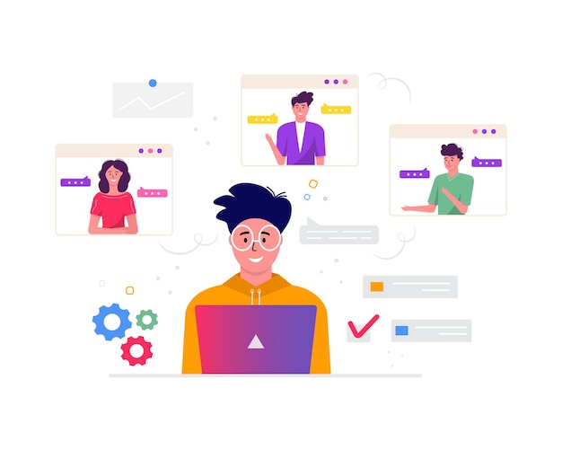 Concept of freelance, video conference, online meeting workspace. Design template freelancers taking with colleague for report, flyer, marketing, leaflet, modern style vector