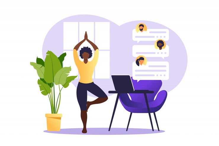 Vector concept freelancer african woman practicing yoga and meditation on home. the girl sits in the lotus position, the thought process, the inception and the search for ideas. time management.  .