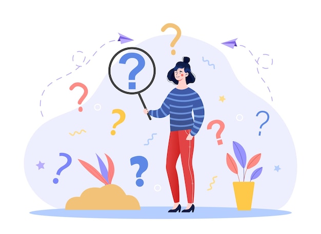 Vector concept of frequently asked questions woman with large magnifying glass looking for answers