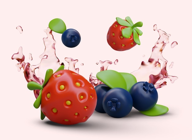 Concept of fresh juicy berries Vector realistic composition Colored berries jets of liquid