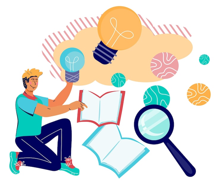 Vector concept of generating creative ideas and knowledge is power creative bright idea innovation and education flat vector illustration isolated on white background