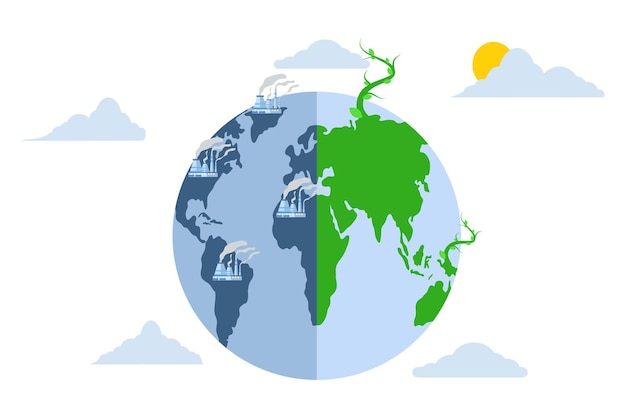 concept of green energy and air pollution with coalfired power plants producing polluting emissions