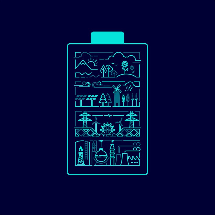 Vector concept of green energy or environment protection, graphic of battery shape with industry and nature