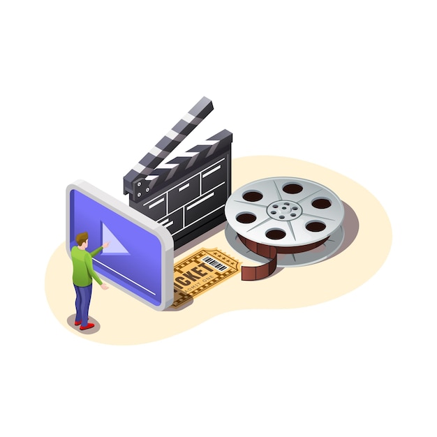 ビデオホスティングのオンラインビデオベクトルアイソメ図を見ているコンセプト男
