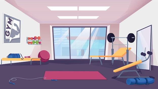 Vector concept gym a flat cartoonstyle design featuring a gym with various exercise equipment and weights