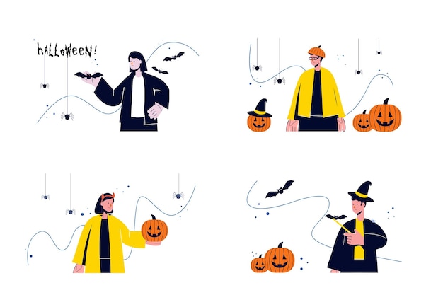 Concept halloween met mensen vier scènes in de platte cartoonstijl mensen viert halloween