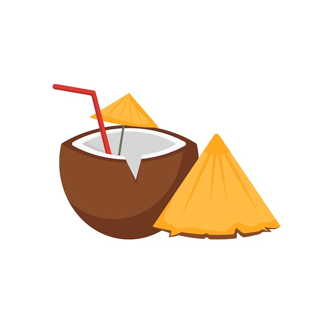 Concept Hawaï strand kokosnoot cocktail De afbeelding is een platte en kleurrijke afbeelding in cartoonstijl