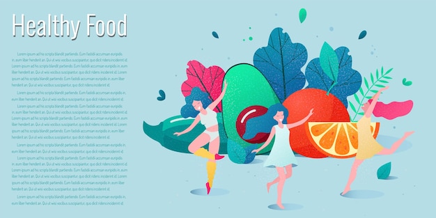 Vector concept of healthy lifestyle. healthy happy women dancing in front of vegetables