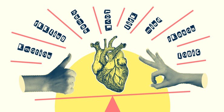 Vector concept heart vs brain vintage design collage poster mental health and emotional wellbeing symbols mindheart balance hand drawn graphic art half tone and sketch doodle style vector illustration