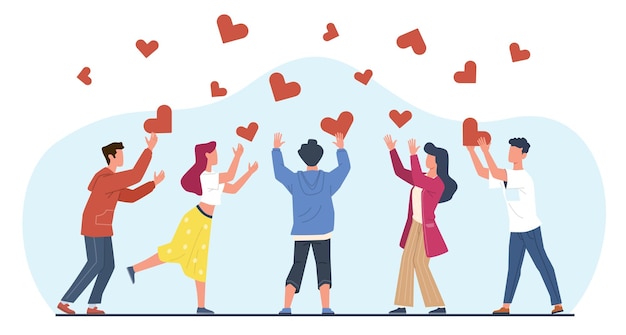 concept of heartfelt help and support people catching hearts donation and social aid volunteer cooperation men and women together share love and empathy vector cartoon flat illustration
