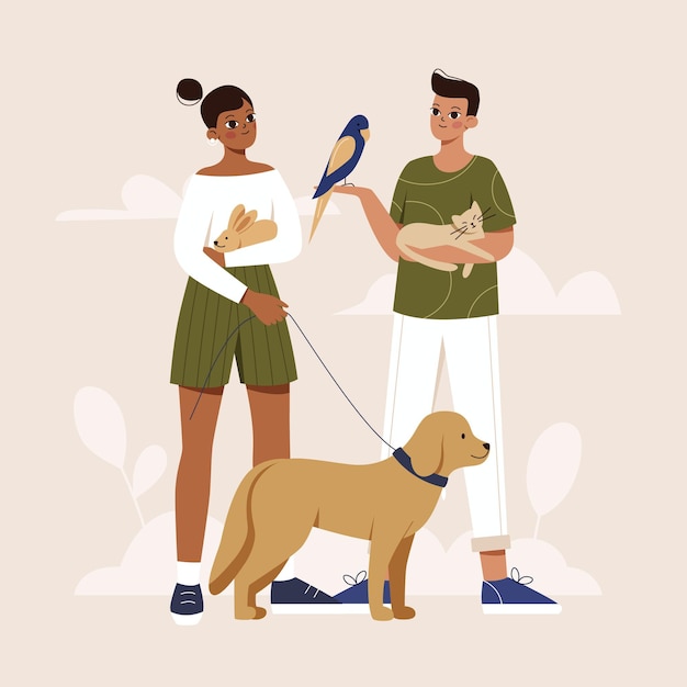 Vector the concept of helping and loving pets a woman and a man hold a cat rabbit bird and dog in their arms