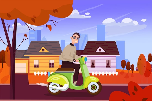 Concept herfst met mensenscène op de achtergrond cartoonstijl man besloot op een bromfiets te rijden