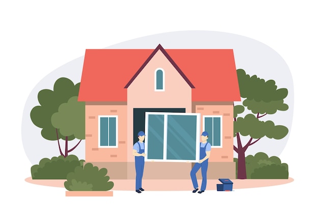 Vector concept for home maintenance services including replacement of windows vector flat illustration