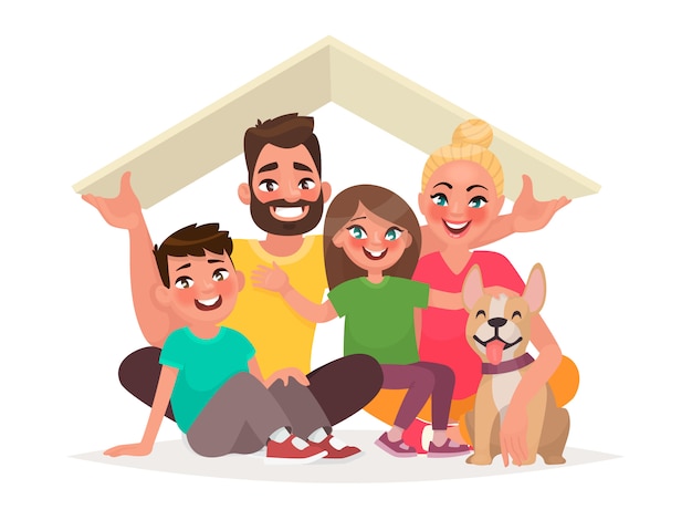 Vector concept of the home of a young happy family. dad, mother, son, daughter and dog under the roof of the house