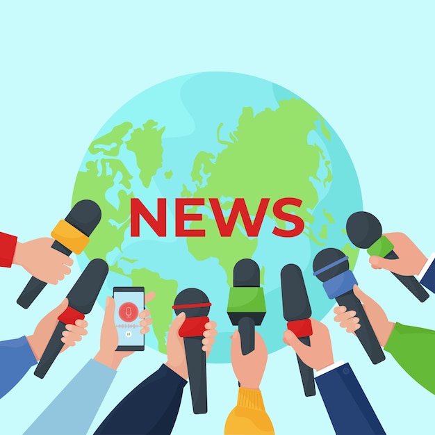 Vector concept of hot, fresh news. hands of journalists with microphones. flat  illustration