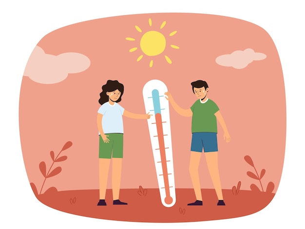 Vector concept of hot summer day with scorching sun temperature and thermometer in critical zone