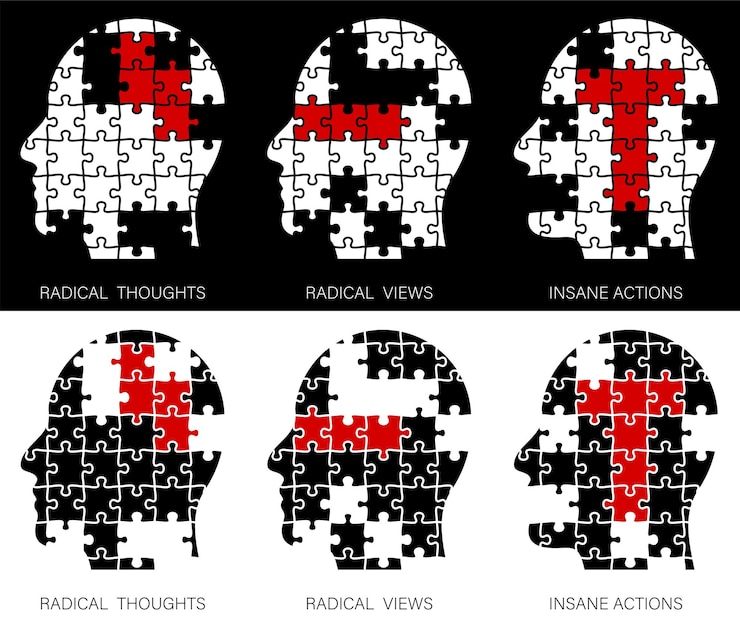 Vector concept. human head made of puzzle pieces. radical views, radical thoughts, terrible deeds. no terrorism. vector