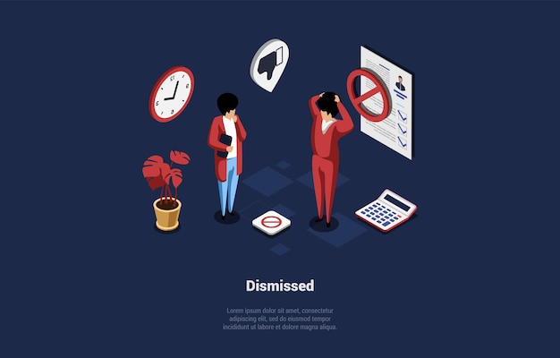 Concept of human resources and career in corporations dismissed worker by boss with crossed cv boss dismissed employee shocked fired man holding his head isometric cartoon 3d vector illustration