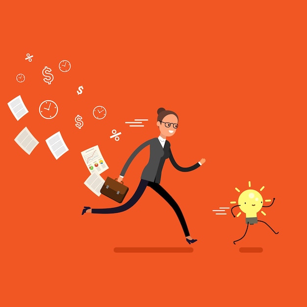 Vector concept of idea. business woman running and try to catch idea. flat design, vector illustration.