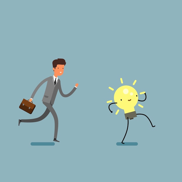 Vector concept of idea. businessman running and try to catch idea. flat design, vector illustration.