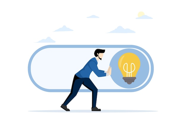 concept of igniting new idea with businessman pressing toggle button to bring idea to life