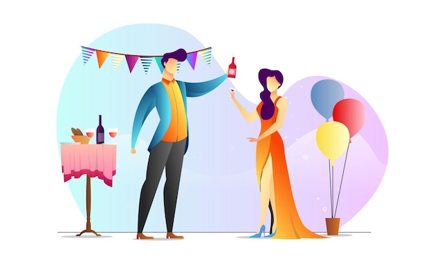 concept illustrated man and woman party dinner creative template