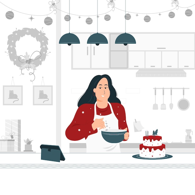 Concept illustratie ontwerp van een meisje koken en bakken een cake van Kerstmis