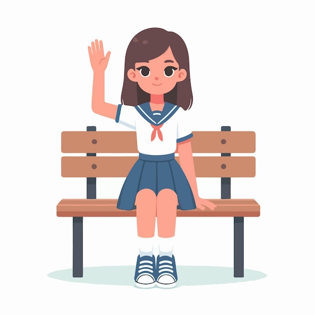 concept illustratie plat ontwerp van een vrouwelijke student die op een tuinstol zit en met de hand zwaait geïsoleerde witte achtergrond