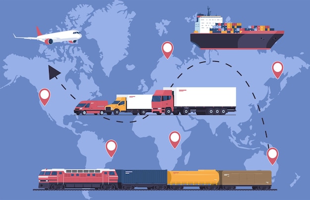 Vector concept illustratie van multimodaal transport over de hele wereld wereldkaart en verschillende soorten transportvoertuigen vectorillustratie
