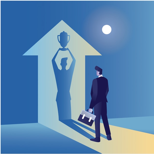 Vector concept illustration of businessman in front champion shadow with up arrow holding thropy