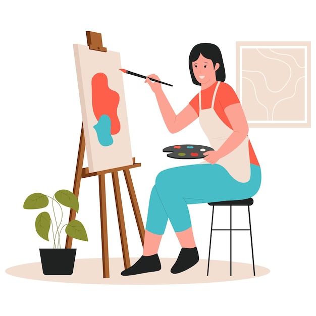 Vector concept illustration of female artist painting on canvas