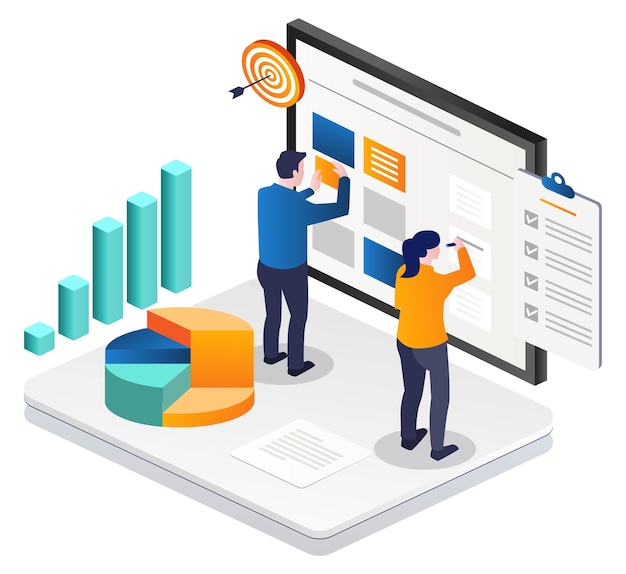 Vector concept illustration of isometric couple making plans on scrum board