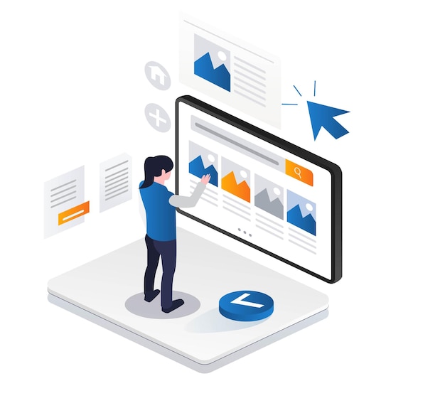 Концептуальная иллюстрация изометрической девушки, выбирающей фотографию портфолио