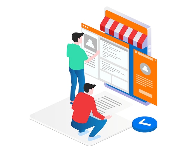 Concept illustration of isometric team designing a website application for e commerce