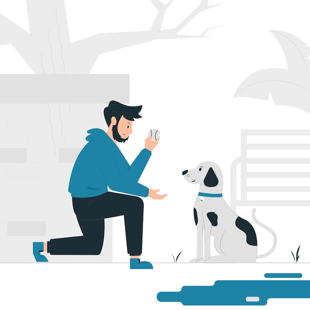 Vector concept illustration   of a man playing with his dog outdoor. filled style flat design