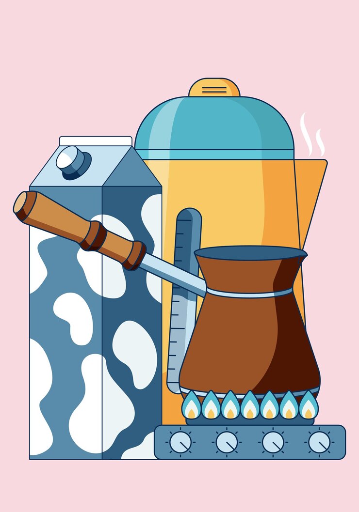 Vector concept illustration of morning routine making coffee with cevze on gas stove