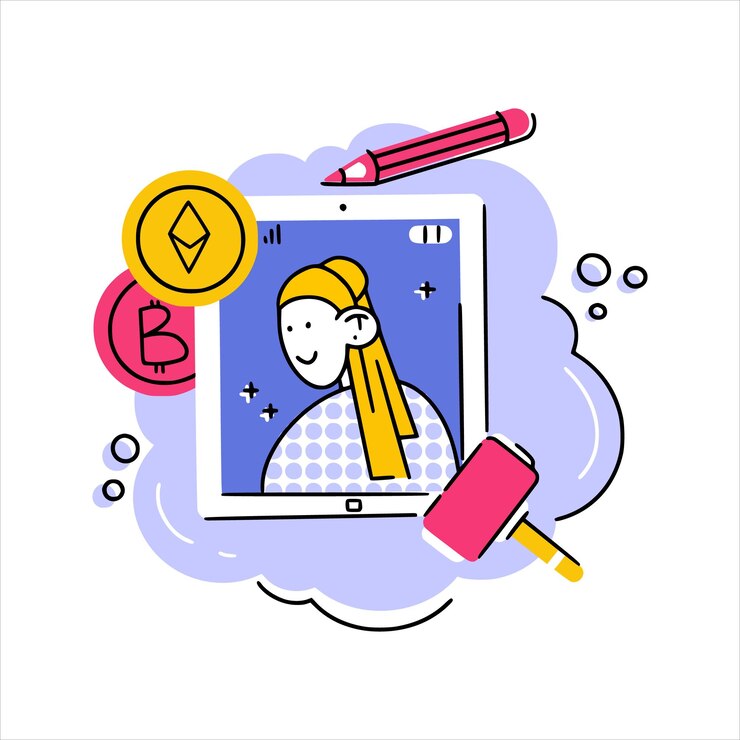 Vector concept illustration of nft art as famous painting on tablet with crypto coins