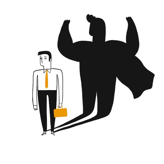 Иллюстрация концепции бизнесмена показанная как супергерой его тенью.