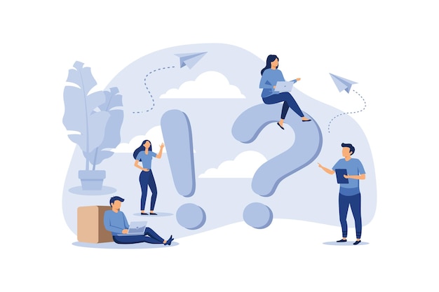 Vector concept illustration of people frequently asked questions around question marks answer to question