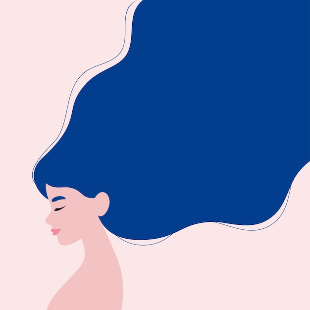 Vector concept illustration of a portrait of a woman with long flying hair in profile