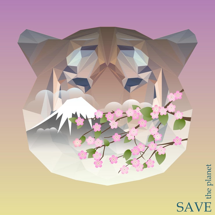 Vector concept illustration on theme of protection of nature and animals with snowy top of the mountain and cherry branch in silhouette of tiger head for use in design card, invitation, poster or placard