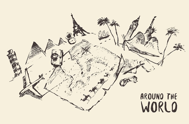 Vector concept illustration of traveling around the world, hand drawn, sketch