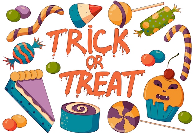 Vector concept illustration of trick or treat candy mix halloween party with spooky candy in a flat style