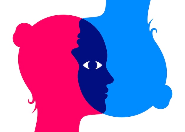 Concept illustration of two overlapping woman heads looking through each other with one shared eye