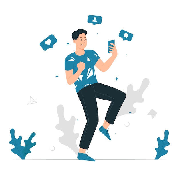 Concept illustration vector graphic design of a man happy for getting like from social media