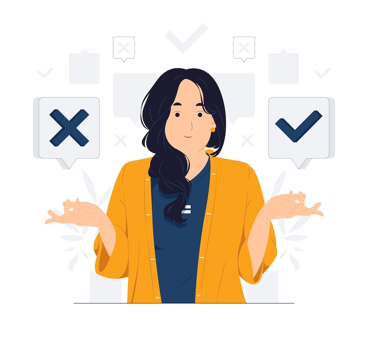 Vector concept illustration of woman choose between right or left yes or no business decisions ethical dilemma choose choice undecided flat cartoon style