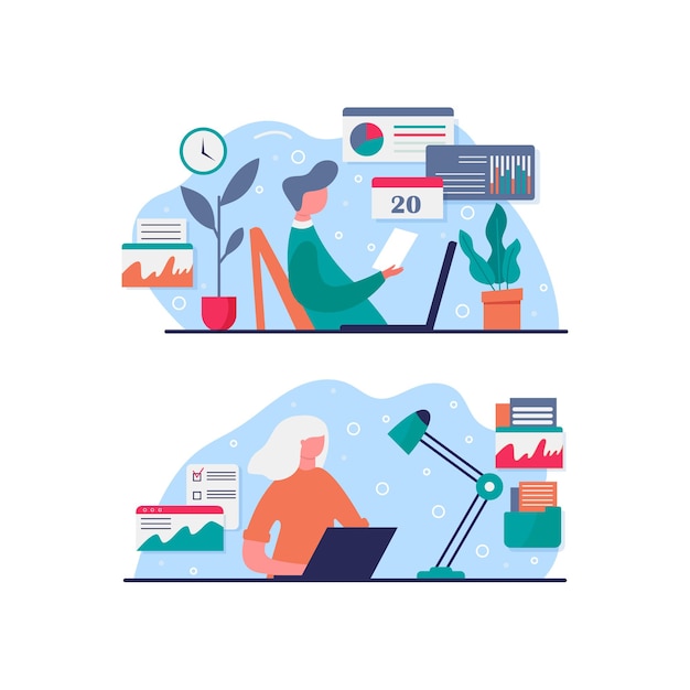concept illustration of working at home, coworking space. people working on laptop at house. self isolation, quarantine due to coronavirus prevention. stay at home for precaution covid - 19. vector