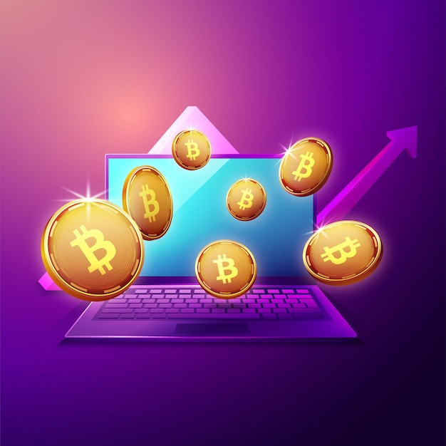 Concept ilustration of crypto currency bitcoin on laptop screen with growth graph