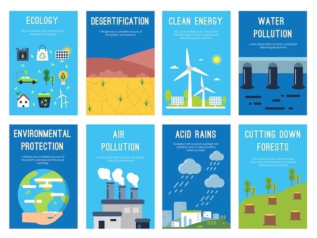 Concept infographic cards at ecology theme. eco labels with place for your text. bio ecological infographic, environment banner, desertification and acid rain.  illustration